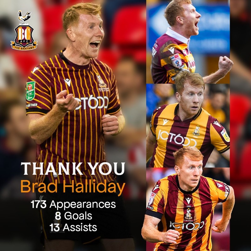officialbantams's tweet photo. Brad Halliday has left Bradford City AFC by mutual consent, allowing him to take up an opportunity elsewhere.

Everyone at the club would like to thank Brad for his services and wish him the very best for the future. 🤝

#BCAFC