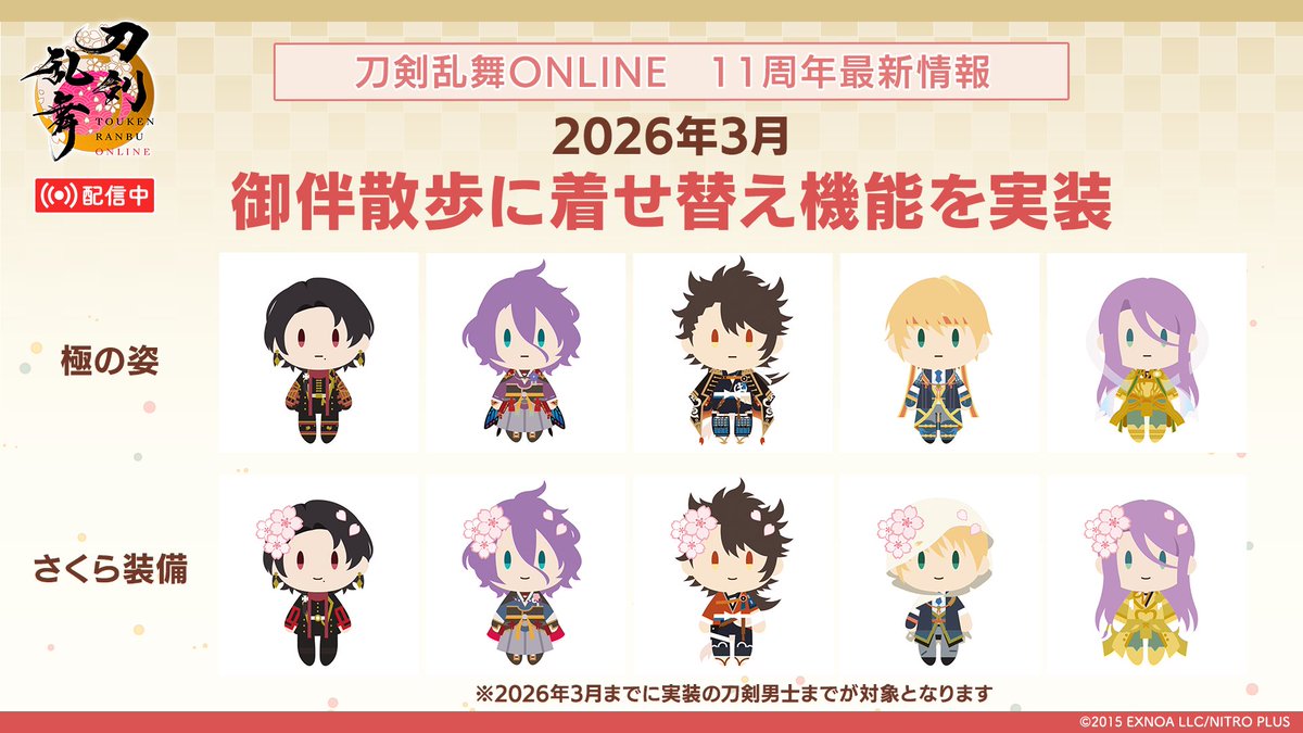 【御供散歩に着せ替え機能実装】 
2026年3月1日に御供散歩に「極の姿」「さくら装備」の着せ替え機能を実装！
「極の姿」は解放されている刀剣男士であれば着せ替え可能に
「さくら装備」は甲州金で購入いただけます△△
#刀剣乱舞 #とうらぶ #刀剣乱舞11周年