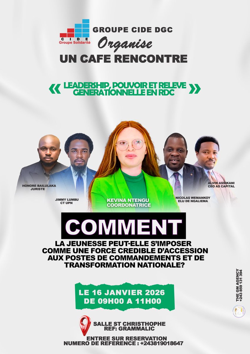 KevNtengu's tweet photo. La #jeunesse congolaise mérite mieux, elle est la relève et le pilier de la pérennisation des valeurs. 
Mais laquelle ? Celle qui se donne à font dans sa mission . 
Comment ? Nous allons y répondre ce vendredi 16 janvier de 9h à 11h à la salle saint Christophe à Ngaliema. https://t.co/affc5pmcIk