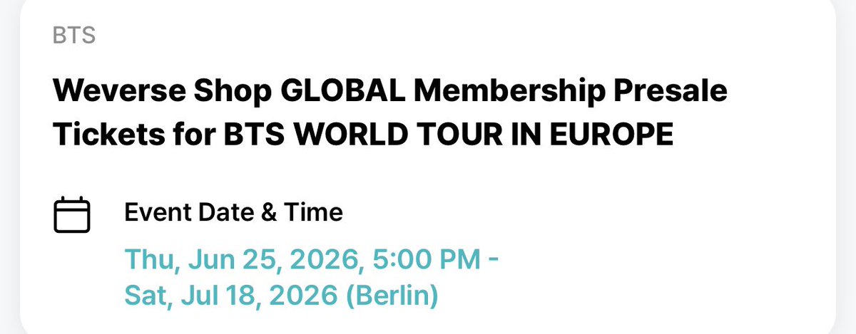 SunuyNac's tweet photo. @TicketmasterDE @bts_bighit Heyy ne kurze frage. 
Nach dem ich mich mit dem Membership für den Presale angemeldet hab kam folgendes datum raus:
Als datum wird der 25. angezeigt? Ist der presale nicht aber schon am 22.? https://t.co/2yJghH2MOA