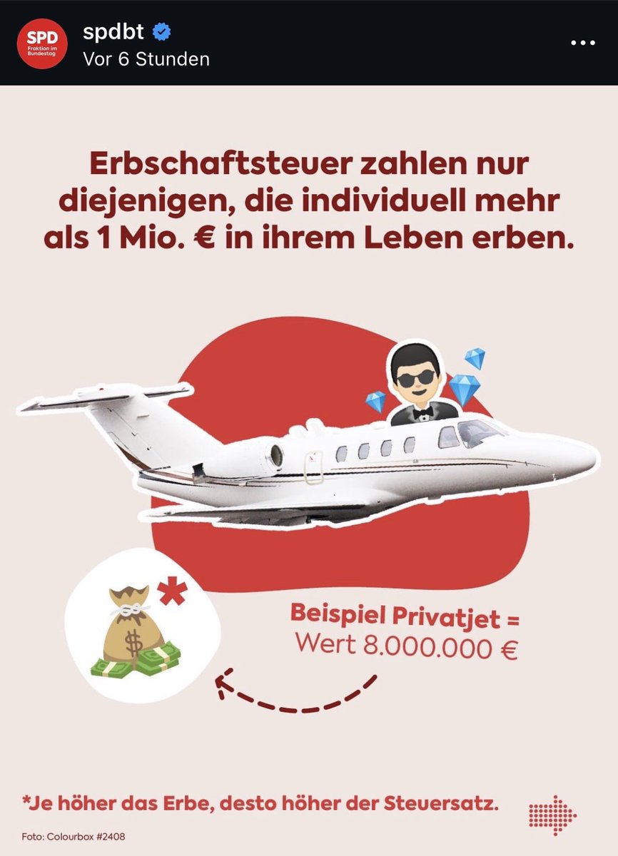 Wer kennt ihn nicht, den Boomer, der sich mühsam eine Million € Vermögen bis ins hohe Alter aufgebaut hat – und sich dann gleich noch einen Privatjet rauslässt. Diese SPD hat fertig. Wer wählt sowas?
