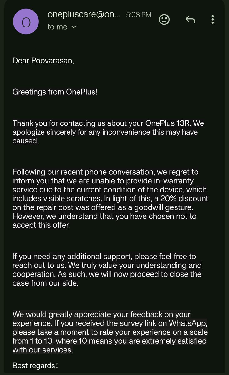 Poovara36173682's tweet image. No one should buy OnePlus devices.
Even under warranty, any issue is rejected if there is even a minor scratch.
Very disappointing service experience.
@OnePlus_IN @oneplus @OnePlus_Support
#OnePlusServiceFail #WarrantyDenied
