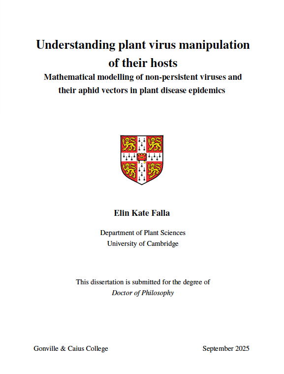 ElinFalla's tweet image. I'm incredibly pleased to say I have passed my PhD viva, with no corrections required.

I am very thankful to many people, particularly my supervisor @nikcunniffe and my partner, friends and family who have supported me throughout.

Thanks also to @CaiusCollege and @camplantsci