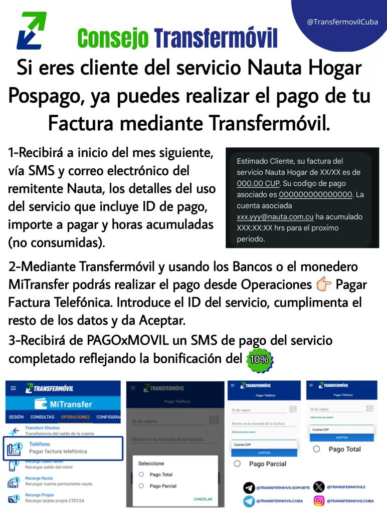 🛜✨ ¡Buenas noticias para clientes de #NautaHogar Pospago!  
💳 Ahora puedes pagar tu factura directamente con #Transfermóvil.  
📲 Fácil, rápido y desde tu celular.  
👉 Mira la imagen del post y descubre los pasos.  
#EtecsaConCuba 💙🇨🇺