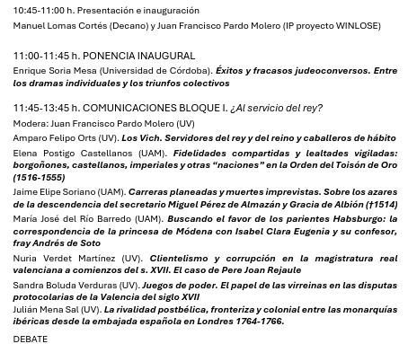 WinLose_UV's tweet photo. 20 de Enero por la mañana (10:45h-13:45h): Apertura del congreso, conferencia inaugural de la mano de Enrique Soria Mesa y comunicaciones del Bloque I, ¿Al servicio del rey? 👑

ZOOM: https://t.co/o53XiSMTvN
ID de reunión: 954 4980 5016
Código de acceso: 398404 https://t.co/49HLYi9mQD