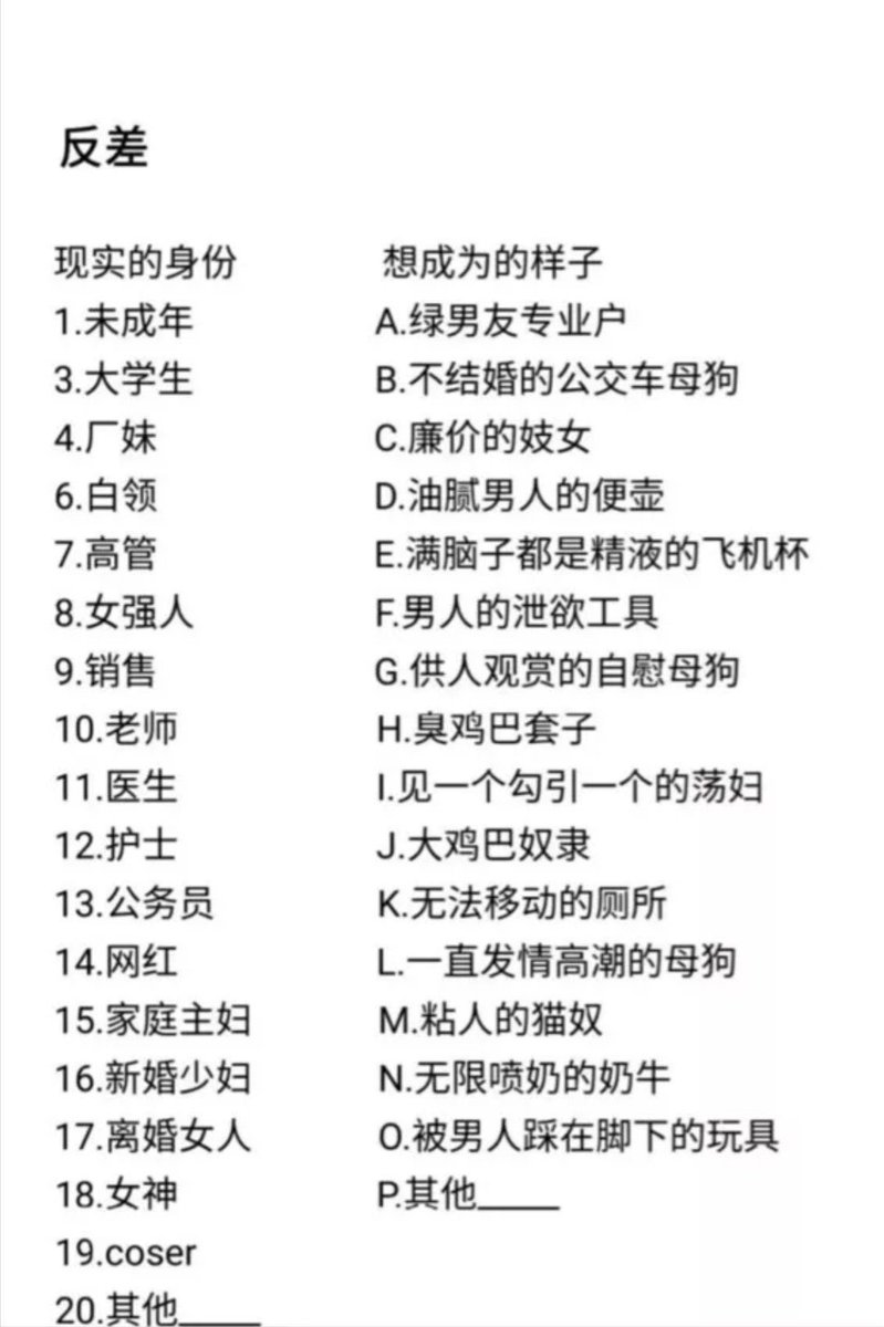 有很多女生找我聊自己属性，对自己界定不清。那好，从简单开始，你自己到底是否有m型人格，下图代入自己，把你真实想法的代号私信我 #母狗 #m #调教 #女绿