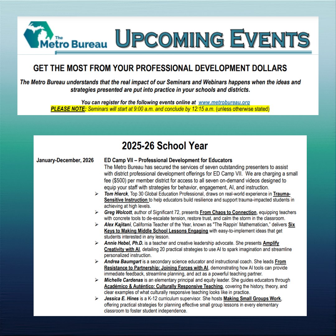 📣 ED Camp VII (2026)
On-demand PD from Jan–Dec 2026 featuring 7 expert presenters.
Topics include behavior, engagement, AI &amp; instruction.

💲 $500 per member district
🎓 Flexible. Practical. Impactful.

#MetroBureau #EDCampVII #ProfessionalLearning