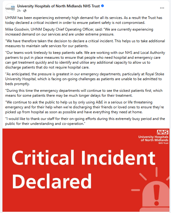 ShaunLintern's tweet image. Royal Stoke University Hospital declares critical incident citing pressures in A&amp;amp;E and patients waiting for beds
