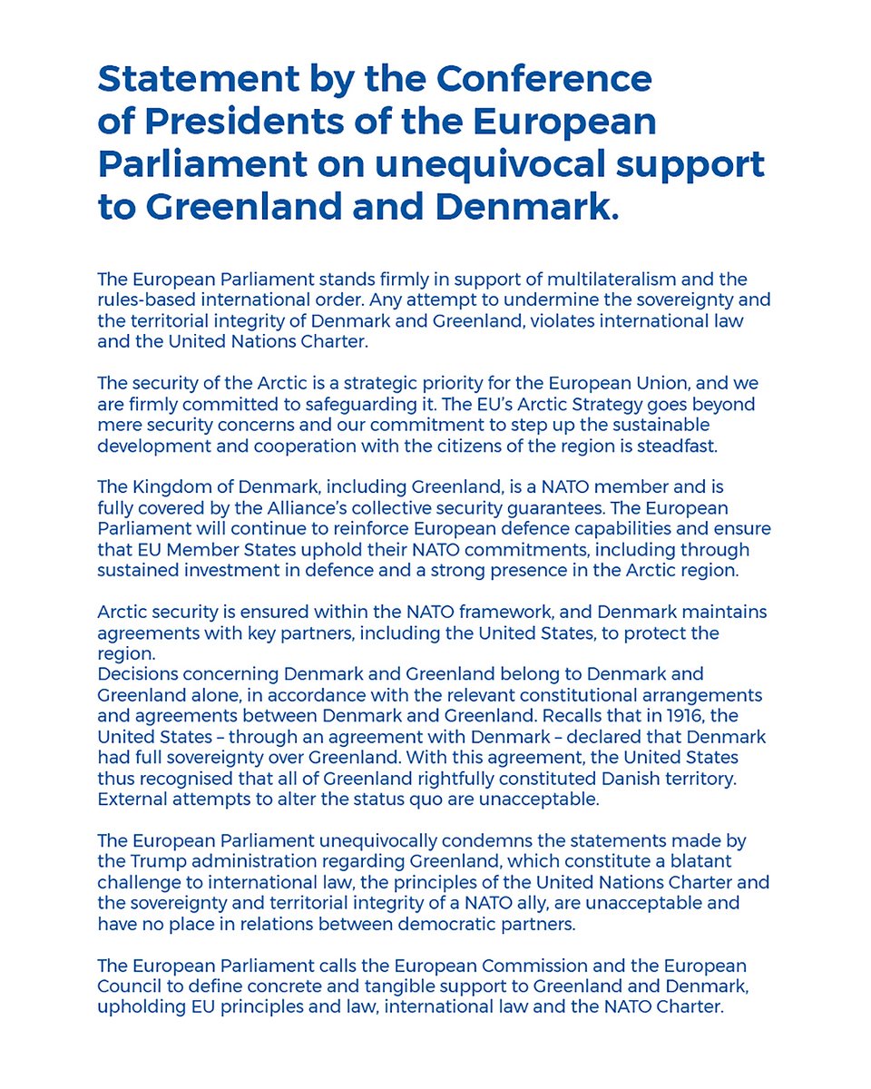 The security of the Arctic is a strategic priority for the European Union, and we are firmly committed to safeguarding it.

Read the full statement by the COP of the European Parliament on unequivocal support to Greenland and Denmark.