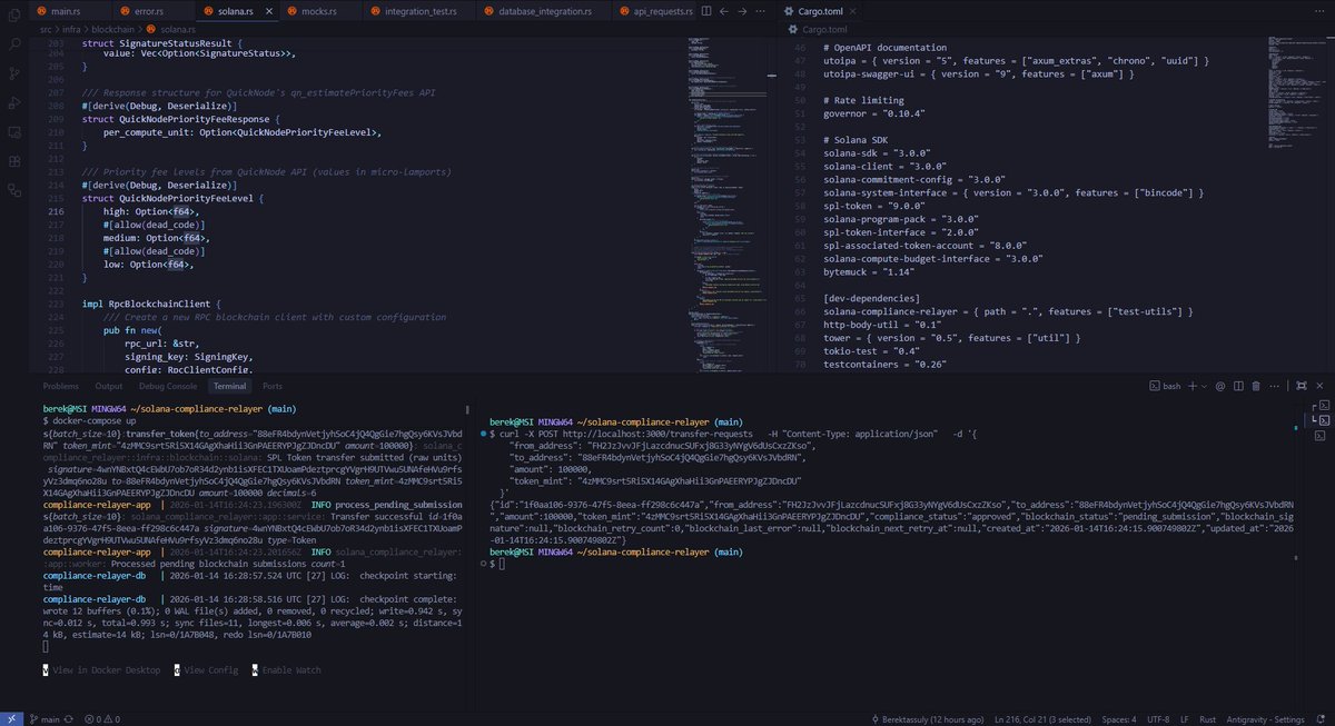 Berektassuly's tweet photo. No floating points. No race conditions. Day 3
Just pure Rust
Refactored the core to use atomic units and atomic DB locks

Because "Privacy" doesn't matter if your relayer loses transactions
Infra: 100% Ready
Cryptography: Loading...
Coming for that Token-2022 integration tomorrow https://t.co/i1XAcTmLCp