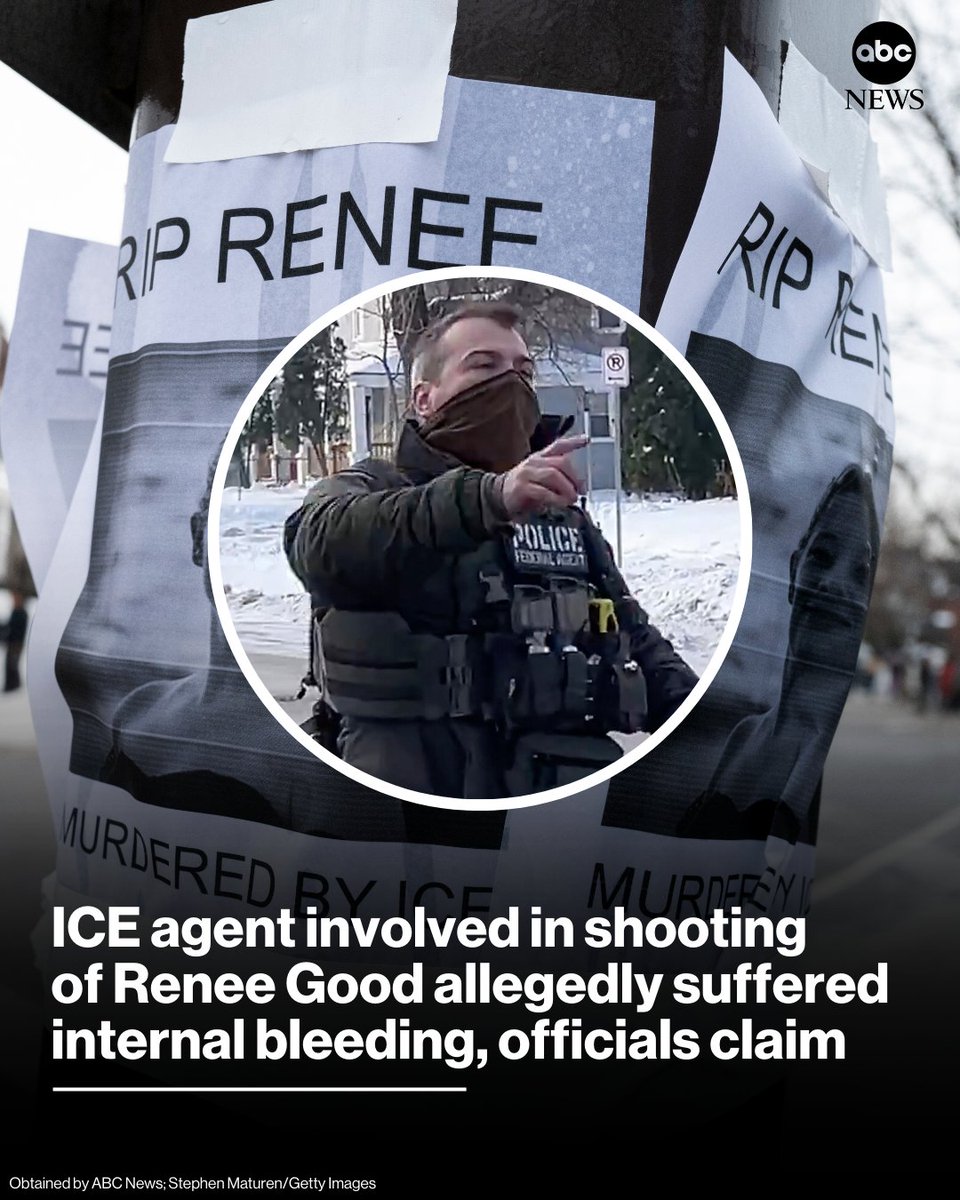 ABC's tweet image. The ICE agent who shot Renee Good in the alleged car-ramming incident suffered internal bleeding, multiple U.S. officials familiar with his medical condition told ABC News.
 
Read more: abcnews.link/gup2DOx