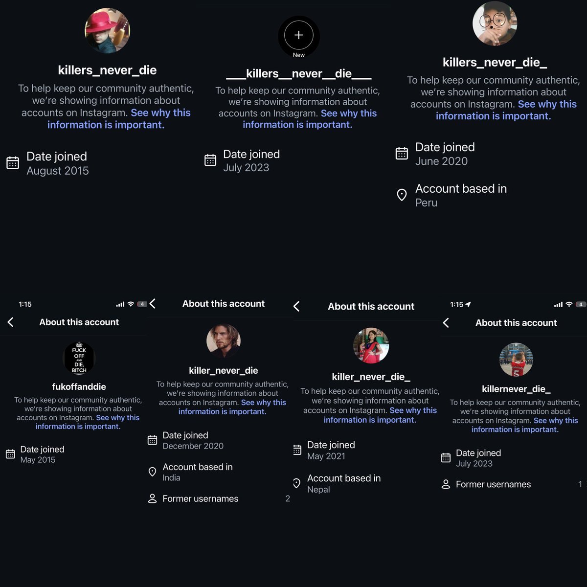 KILLERSNEVERDIE's tweet photo. It can’t be the name because these accounts all have the same name and they aren effected, 

We’ve had our account since 2008 so why now???

@DinaPowellMcC @finkd @meta @instagram https://t.co/4M9cmHY9JE