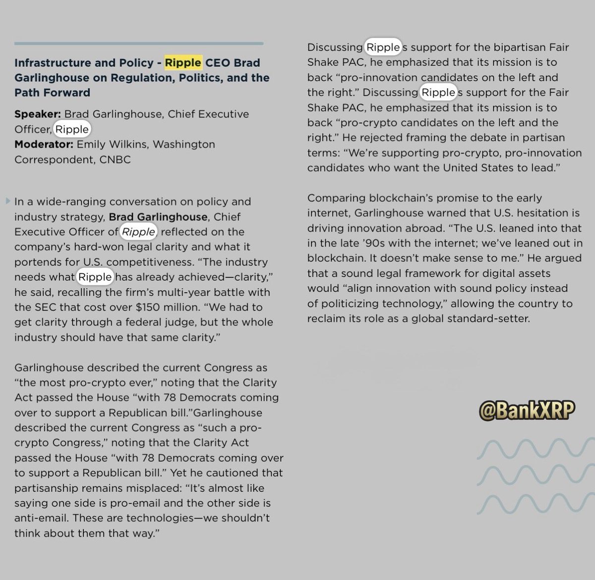 Ripple CEO Brad Garlinghouse stole the show in new released: 2025 GDF × CCI DC Fintech Week Report

• Hard-won legal clarity after $150M+ battle

• “The whole industry should have that same clarity”

• Called current Congress “the most pro-crypto ever”

• Warned U.S. is