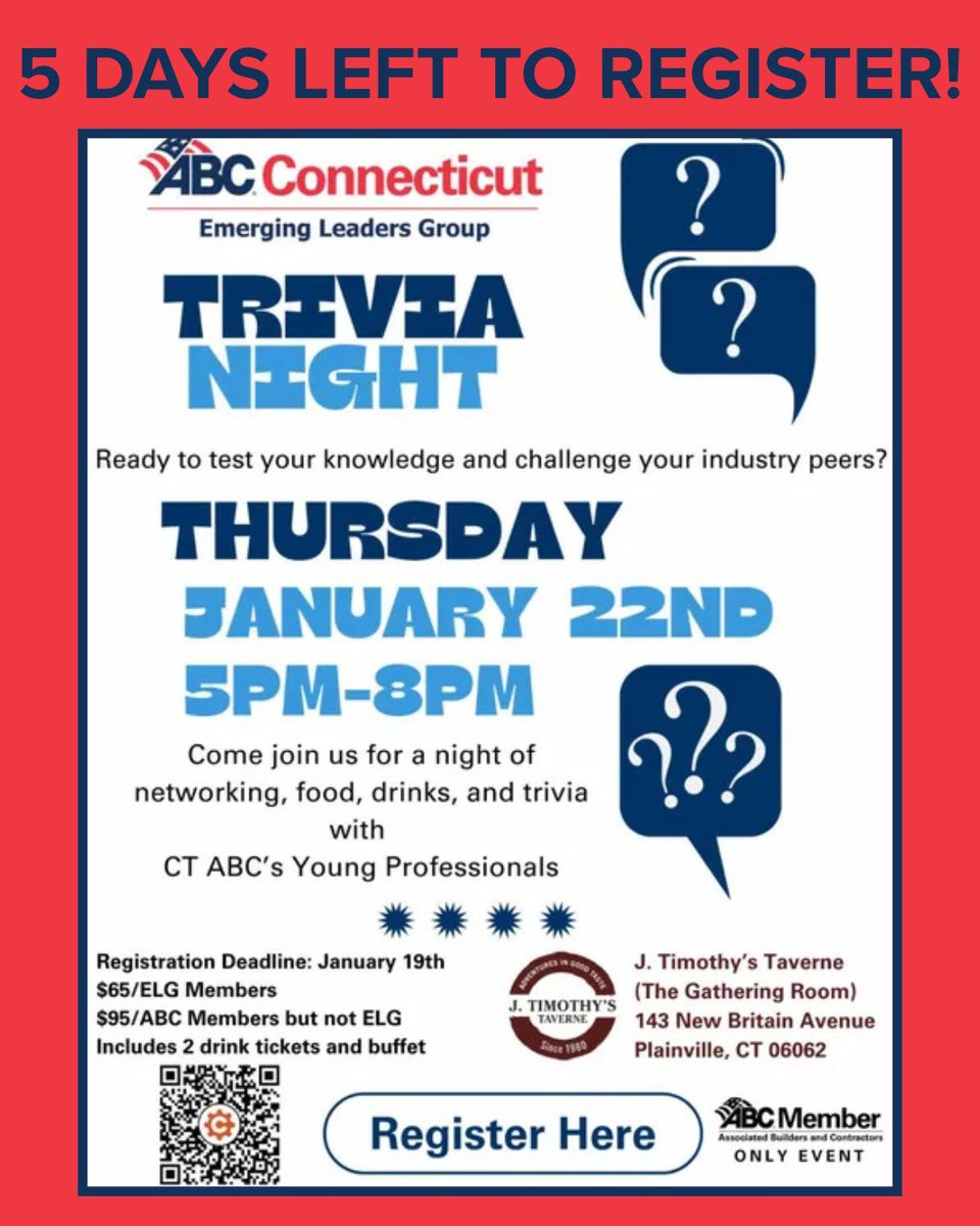 ⏳ Just 5 days left to register for Trivia Night and spots are disappearing fast!

If you’re thinking about it… now’s the time. Don’t miss out.

cognitoforms.com/CTABC2/_2026EL…

 #ELG #youngprofessionals #ctabc #abcmeritshopproud #nexgen