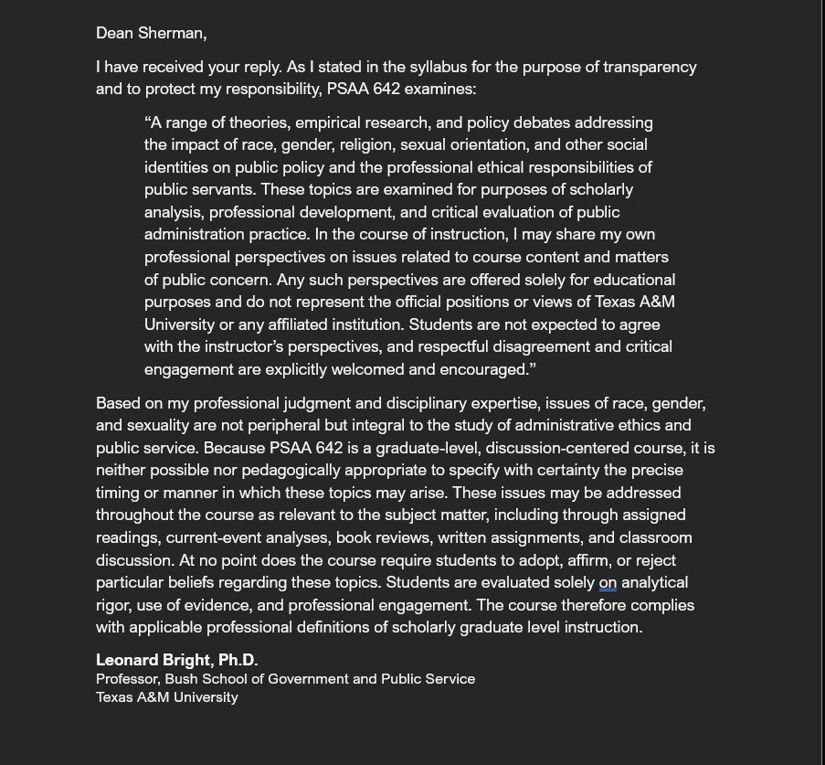 TAMU_AAUP's tweet image. ETHICS IS NOW CANCELED AT TEXAS A&amp;amp;M

Statement from Dr. Leonard Bright....