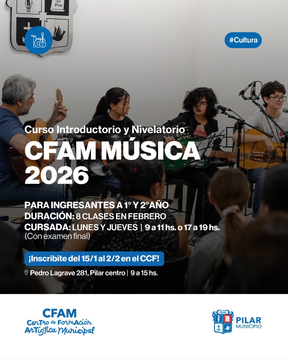 Pilar_Cultura's tweet photo. 🔴🎸🎺🎶 👉 Abrimos la inscripción para el Curso Nivelatorio e Introductorio para las formaciones de Música del #CFAM Pilar.
👨🏫 Cursás dos veces por semana durante el mes de febrero, con dos horarios a elección ➡️ Lunes y Jueves 9 a 11 hs, o de 17 a 19 hs.
▶️¡Anotate en el CCF! https://t.co/8pGaF75AfW