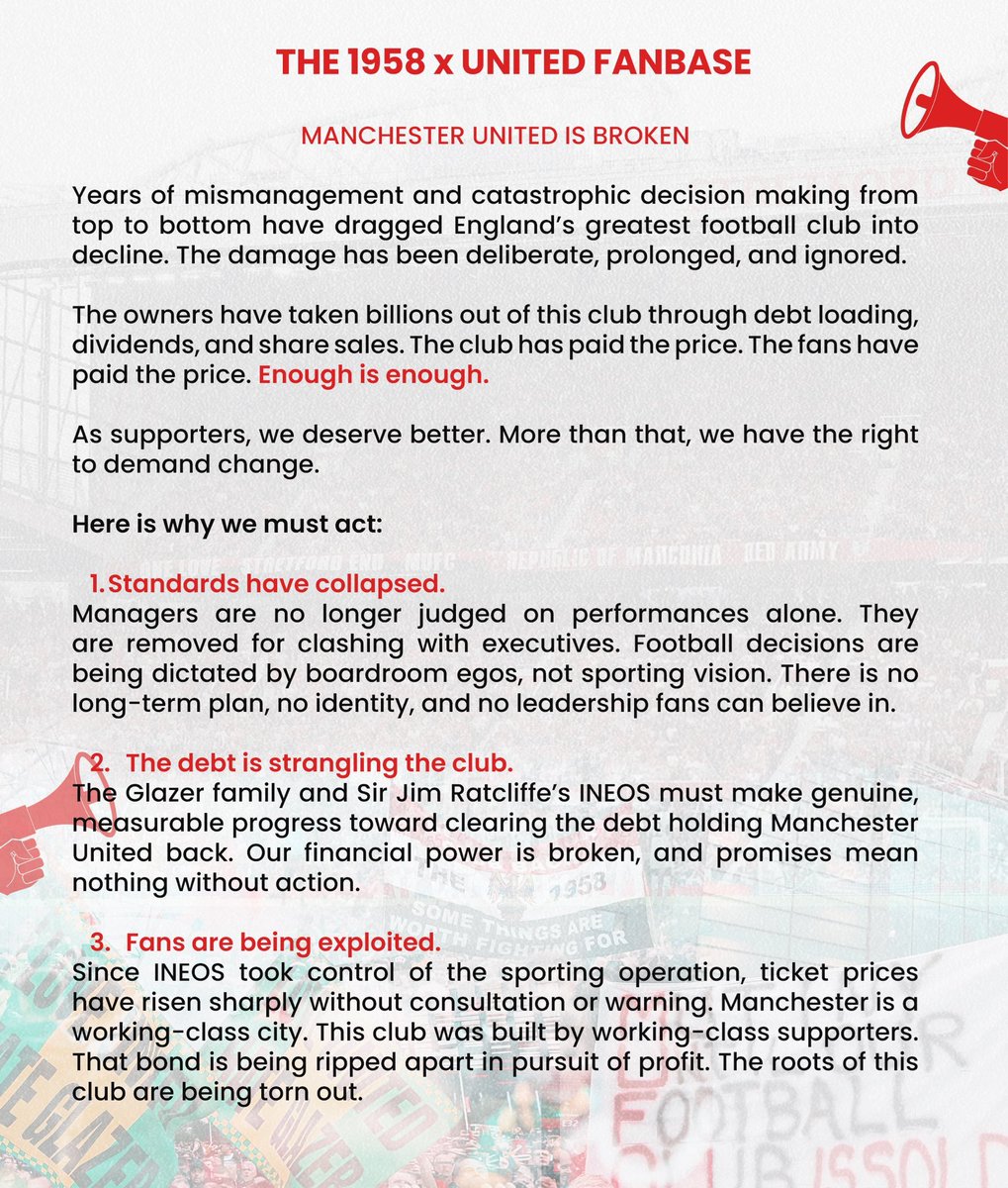 UtdXclusive's tweet image. Manchester United is BROKEN: debt strangling us, fans exploited with soaring tickets, standards collapsed, a decade of mediocrity under Glazers + INEOS. 

Enough is enough! United was built by us - now we fight to save it. Join the march on Feb 1 vs Fulham. 

#UnitedIsBroken