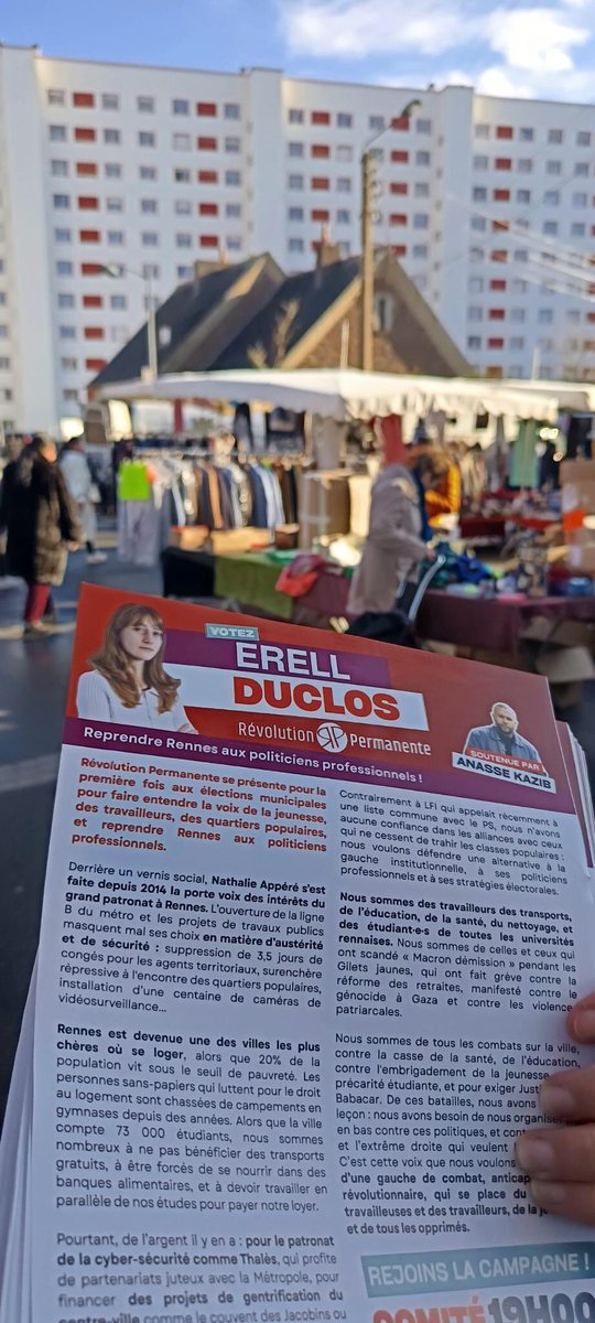 📌 RENNES : Marché Sainte-Thérèse 

Aujourd’hui RP était présent pour discuter avec les habitant-es du quartier de leurs préoccupations 

Logements insalubres, précarité, inflation, élus déconnectés…

Exigeons la réquisition des logements vides ! Un toit c’est un droit !