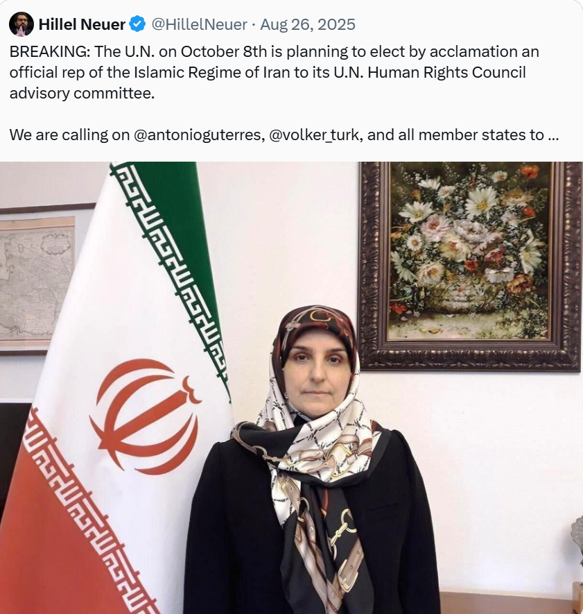 AdamMossoff's tweet image. Why hasn't UN Human Rights Council denounced the deliberate mass murders of unarmed civilians by Islamic Republic of Iran? Because the Islamic regime has a SEAT on the UN Human Rights Council Advisory Committee at this very moment. The moral farce of the UN is on full display.
