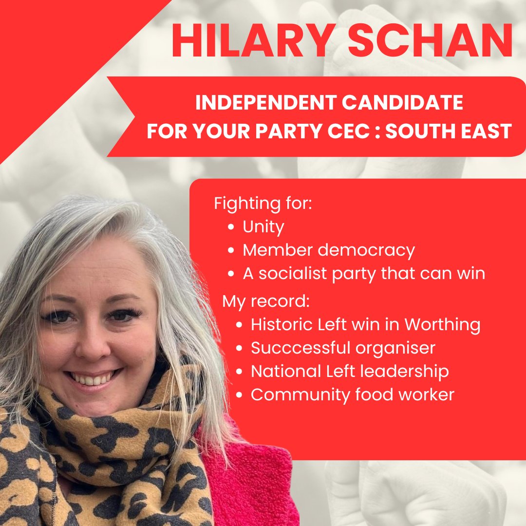 HilarySchan's tweet image. I am standing as an Independent candidate for @thisisyourparty CEC in the South East ✊ accountable only to members.

I’m fighting for unity 🤝, member democracy 🗳️, and a socialist party that can win  — we cannot do that, if we are only focused on fighting ourselves 🧵