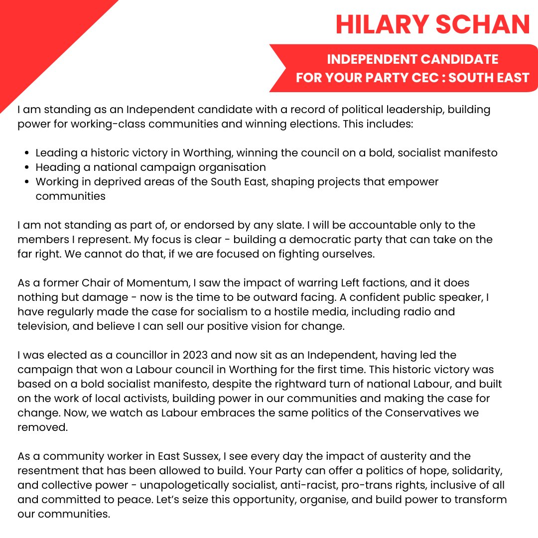 HilarySchan's tweet image. I am standing as an Independent candidate for @thisisyourparty CEC in the South East ✊ accountable only to members.

I’m fighting for unity 🤝, member democracy 🗳️, and a socialist party that can win  — we cannot do that, if we are only focused on fighting ourselves 🧵