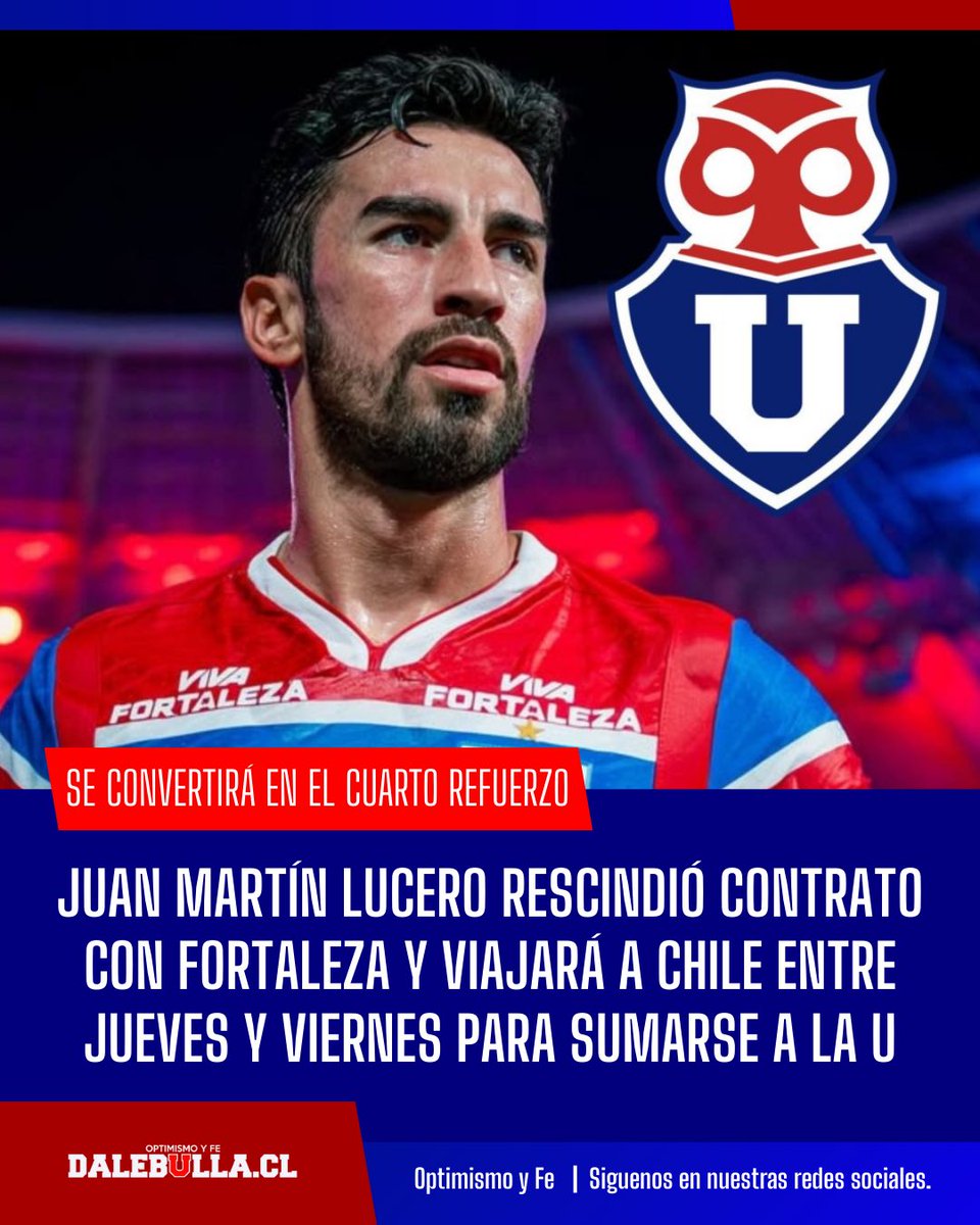 dalebulla_cl's tweet image. 🔵🔴 Juan Martín Lucero rescindió su contrato con Fortaleza y quedó con vía libre para llegar a la U.
El delantero arribará entre jueves y viernes a Chile para exámenes médicos y firmar, convirtiéndose en el 4° refuerzo azul.

#dalebulla
