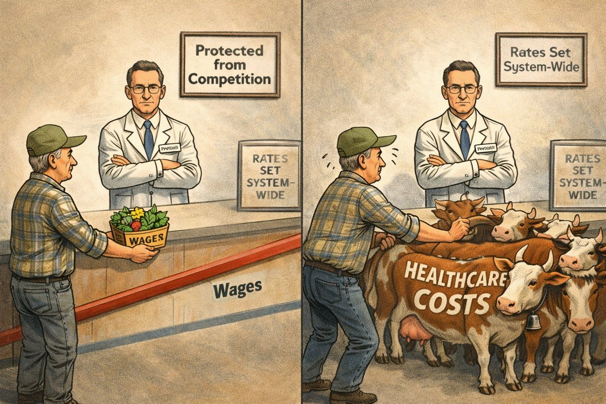 RealMarkAldrich's tweet image. #VT4VT Healthcare costs rising faster than wages isn’t inflation. It’s price extraction protected from competition.