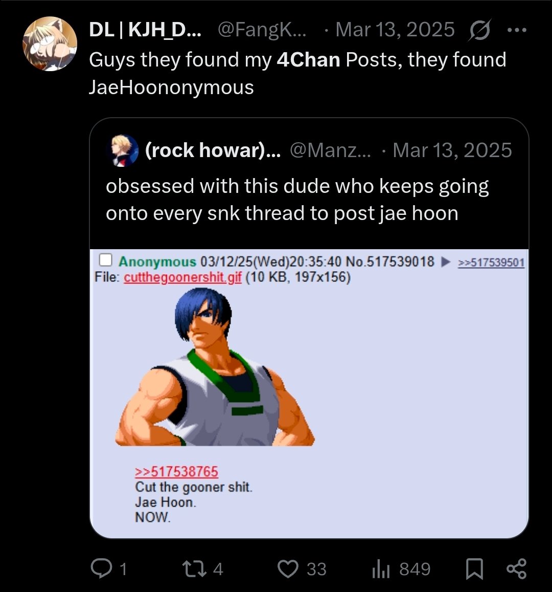 FangKazuma's tweet image. You guys don't fucking understand my hype, I've been echoing Jae Hoon posts since day 0 during the open betas

I'M JAEHOONONYMOUS. 

(Shoutouts oomf in the screenshot)