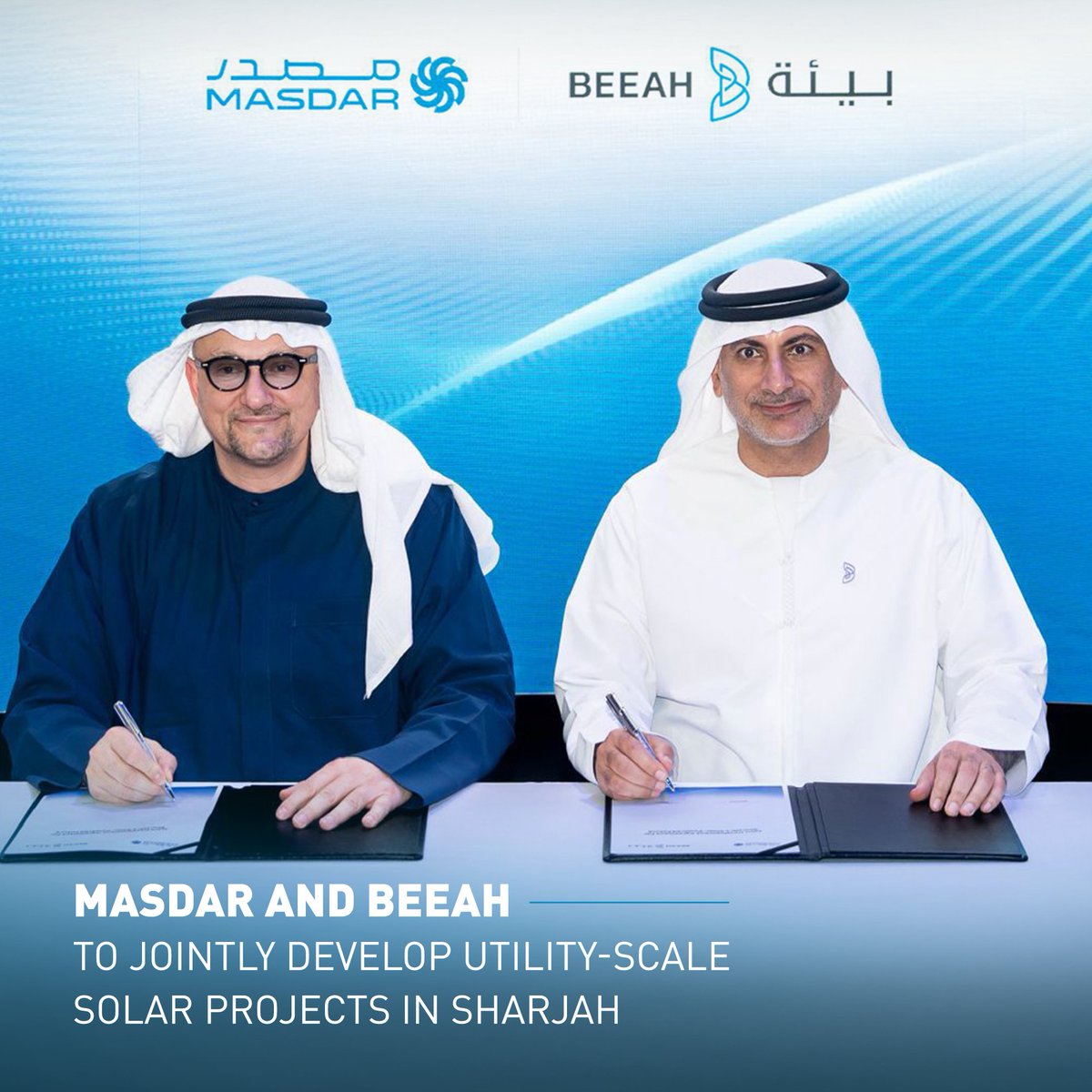 Masdar's tweet photo. We are pleased to announce that #Masdar and #BEEAH have signed a Joint Development Agreement to identify and develop utility-scale #CleanEnergy projects in Sharjah.
The agreement, signed by Mohamed Jameel Al Ramahi, CEO of Masdar, and Khaled Al Huraimel, Group CEO and Vice Chairman of BEEAH, provides a framework for the companies to assess, select and progress viable solar PV projects in the emirate.
Read more: https://t.co/tzYC9oH044
#ADSW2026