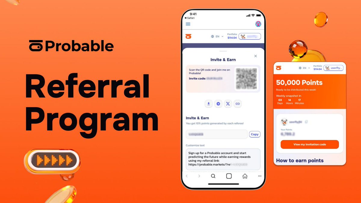 tokenfeee's tweet image. 👀 #Probable ポイントプログラム

✨ 毎週 50,000 ポイント配布

参加方法👇
1️⃣ こちらへアクセスしてウォレット接続：
probalble.markets/points/?ref=H3…

2️⃣ ウォレット拡張から直接デポジット
3️⃣ 取引量 $100 以上で招待コードを取得可能
→ メインアカウントでファームして、サブ垢を招待することも可能…