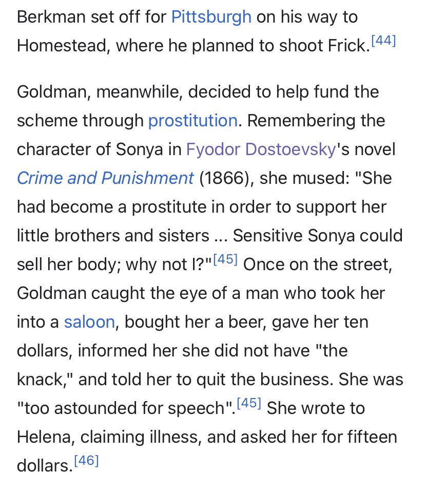 SamBuntz's tweet image. An amusing anecdote. When anarchist leader Emma Goldman tried to become a prostitute to raise funds for an assassination plot: