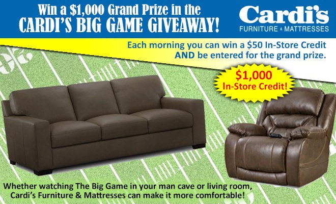 Win a $1,000 Grand Prize in the Cardi’s Big Game Giveaway! 
Upgrade your football experience with your chance to win a $50 In-Store Credit—plus the chance to win the Grand Prize: $1,000 In-Store Credit

wqrc.com/slider/win-a-1…
