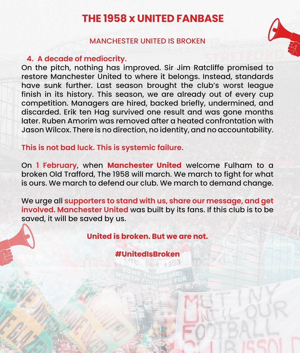 UnitedEdits_'s tweet image. 20 Years of Mismanagement, Greed, Neglect, Debt-Loading, Repeated Mistakes, Incompetence, Clueless leadership, Systemic failure and the Slow Decay of a Footballing Giant needs to come to an end.

Retweet to save our club!

#UnitedIsBroken
