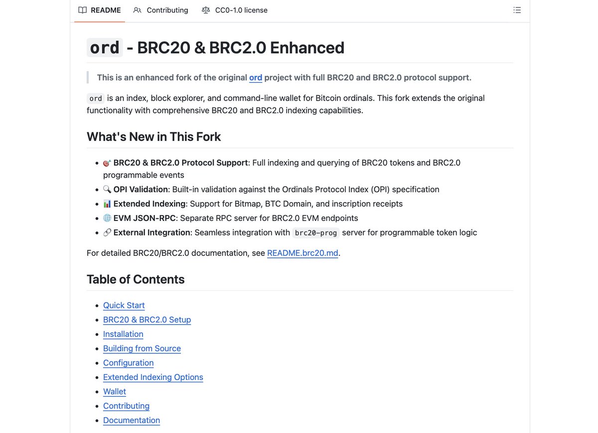 Check out the README for <a href="/okx/">OKX</a>'s ord fork with added programmable module support for Bitcoin assets

github.com/okx/ord

✅ BRC20 &amp; BRC2.0 Protocol Support
✅ OPI Validation
✅ Extended Indexing
✅ EVM JSON-RPC: Separate RPC server for BRC2.0 EVM endpoints
✅ Seamless