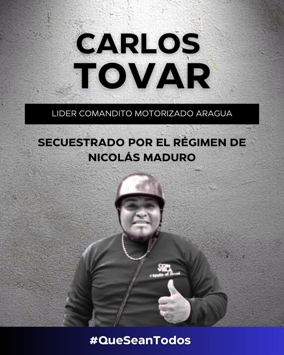 Carlos es padre de tres hijos quienes llevan esperando poder abrazarle nuevamente más de 18 meses.

El régimen lo tiene secuestrado por pensar diferente y ser voluntario de la libertad de Venezuela.

Seguimos exigiendo su inmediata liberación.
#QueSeanTodos