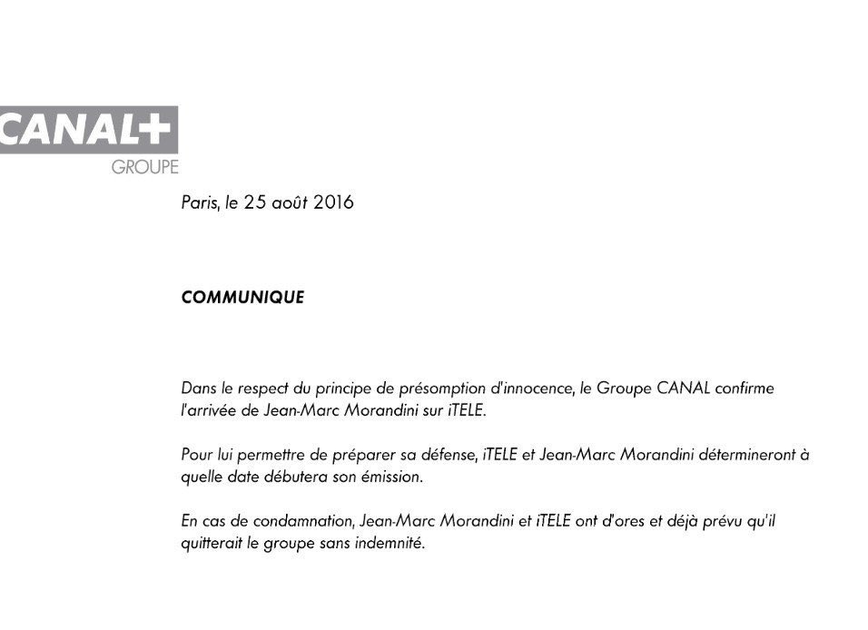 Bonjour <a href="/canalplus/">CANAL+</a> ….nous sommes des millions à ne pas avoir oublié votre communication.
On attend donc que le condamné <a href="/morandiniblog/">Jean Marc Morandini</a> quitte l’antenne demain matin à 6h précise !!!!