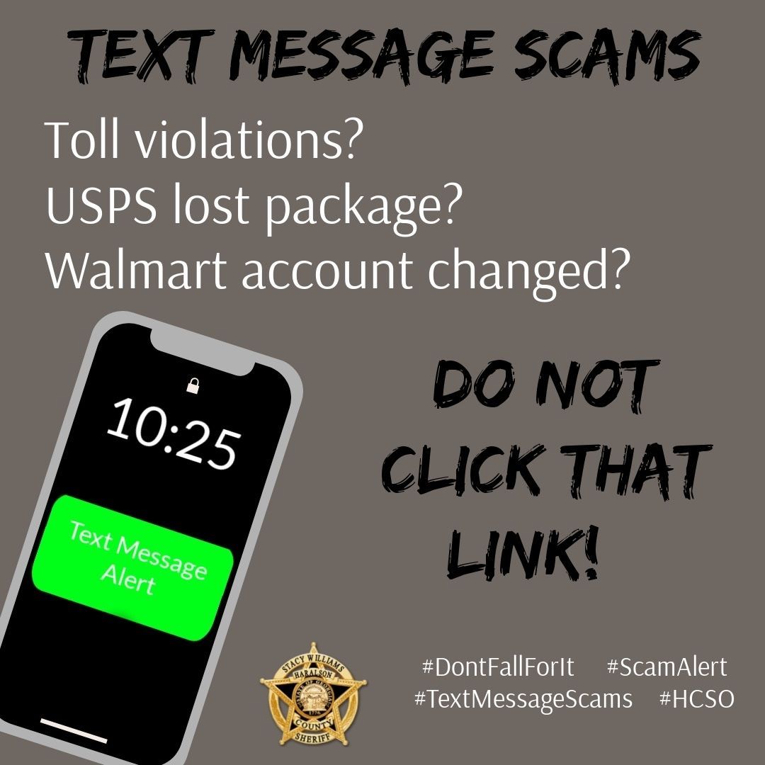 HaralsonSheriff's tweet photo. Beware of these common text message scams. Do NOT click that link! Do NOT put in personal information! It is a scam.
#DontFallForIt
#ScamAlert
#TextMessageScams
#HCSO https://t.co/j8xMDKyXFE