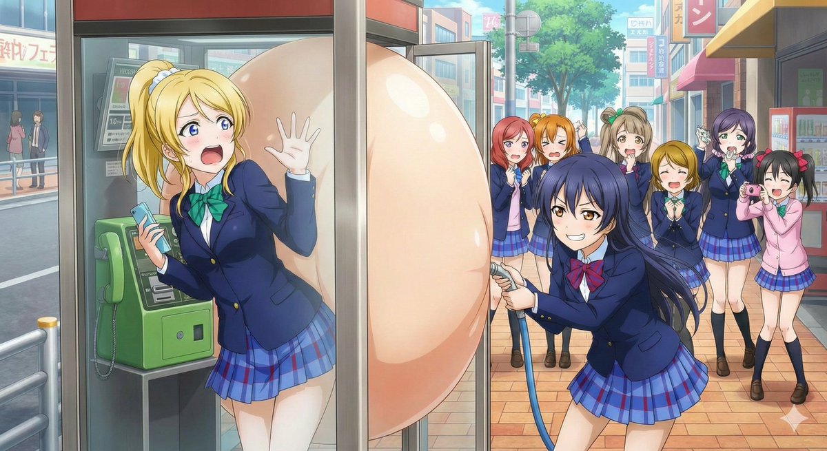 「ちょっと海未、このままだと電話ボックスから出られないチカよ。え？風船が破裂するまで待てば良い。それもそうかって違うチカよ！！」 
"Umi, if I keep this up, I'll never get out of this phone box. Eh? Just wait until the balloon pop. That's not quite right either!!" 
#風船