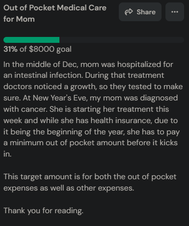 4GioGio4's tweet photo. On New Year's my mom was diagnosed with cancer. Her treatment starts this week. She tells me she has insurance but since the year rolled over she has to pay a max out of pocket. Anything would help, please share if you can.

https://t.co/ePWPFVhUcZ https://t.co/YGV6UjIYpM