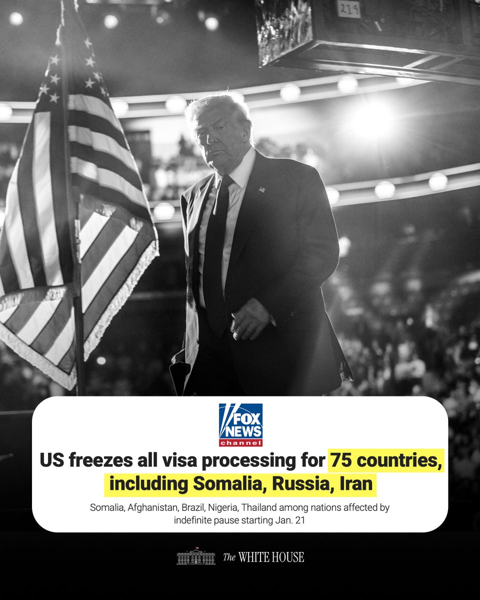 WhiteHouse's tweet image. 🚨 The Trump administration will PAUSE immigrant visa processing from 75 countries until the U.S. can ensure that incoming immigrants will not become a public charge or extract wealth from American taxpayers.

AMERICA FIRST.