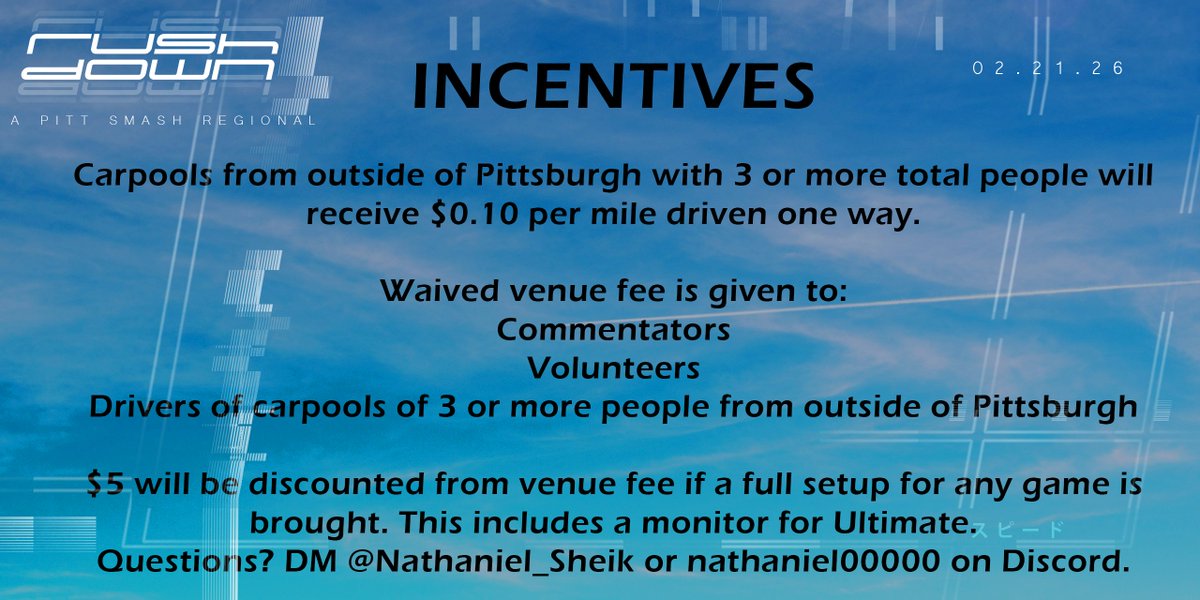Hello Pitt Smash fans! 
In the midst of all our wonderful player highlights, we'd like to highlight some of the incentives for coming to Rushdown: A Pitt Smash Regional!
Below are each of the discounts/reimbursements, which can be found on our start . gg.

Register below 🔗🔗🔗