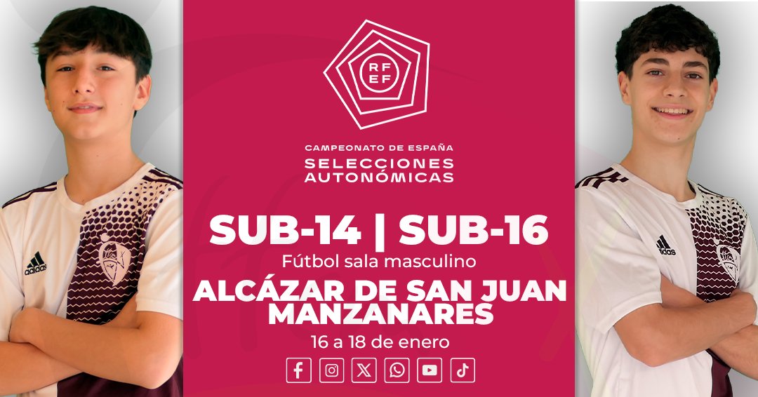 FFCM_es's tweet photo. 📕 Todo lo que debes saber sobre esta Primera Fase (Grupo C) del #CESA sub-14 y sub-16 de #futsal, en este 𝒅𝒐𝒔𝒔𝒊𝒆𝒓 𝒊𝒏𝒇𝒐𝒓𝒎𝒂𝒕𝒊𝒗𝒐 

📋 Convocatorias: #selecciónCLM, @futgal, @ffrm_es, @fedfutcanarias 
⏰ Horarios
📺 TV | enlace
⚖️ Árbitros
📍 @aytoalcazar | @manzanares_es 
  
🔗 https://t.co/7yvptwlJQt

#somosCLM | #genCLM