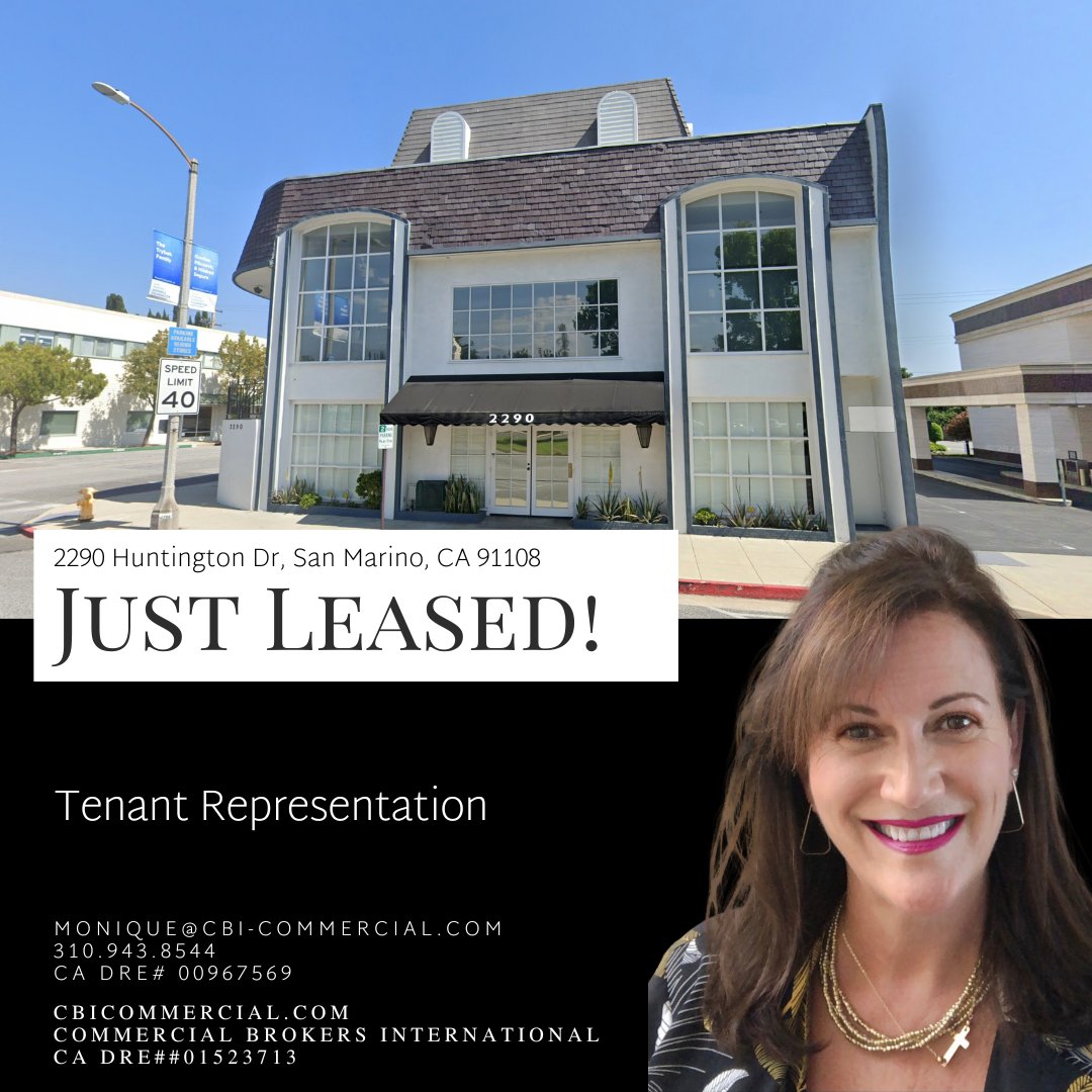CBI_Commercial's tweet photo. Just leased in the heart of San Marino at 2290 Huntington Dr.
Tenant Representation.
Your vision. My mission. Prime results.
Your next perfect space is one call away, contact Monique Lacey at 310-943-8544 or monique@cbi-commercial.com
#justleased #sangabrielvalley #losangeles #office