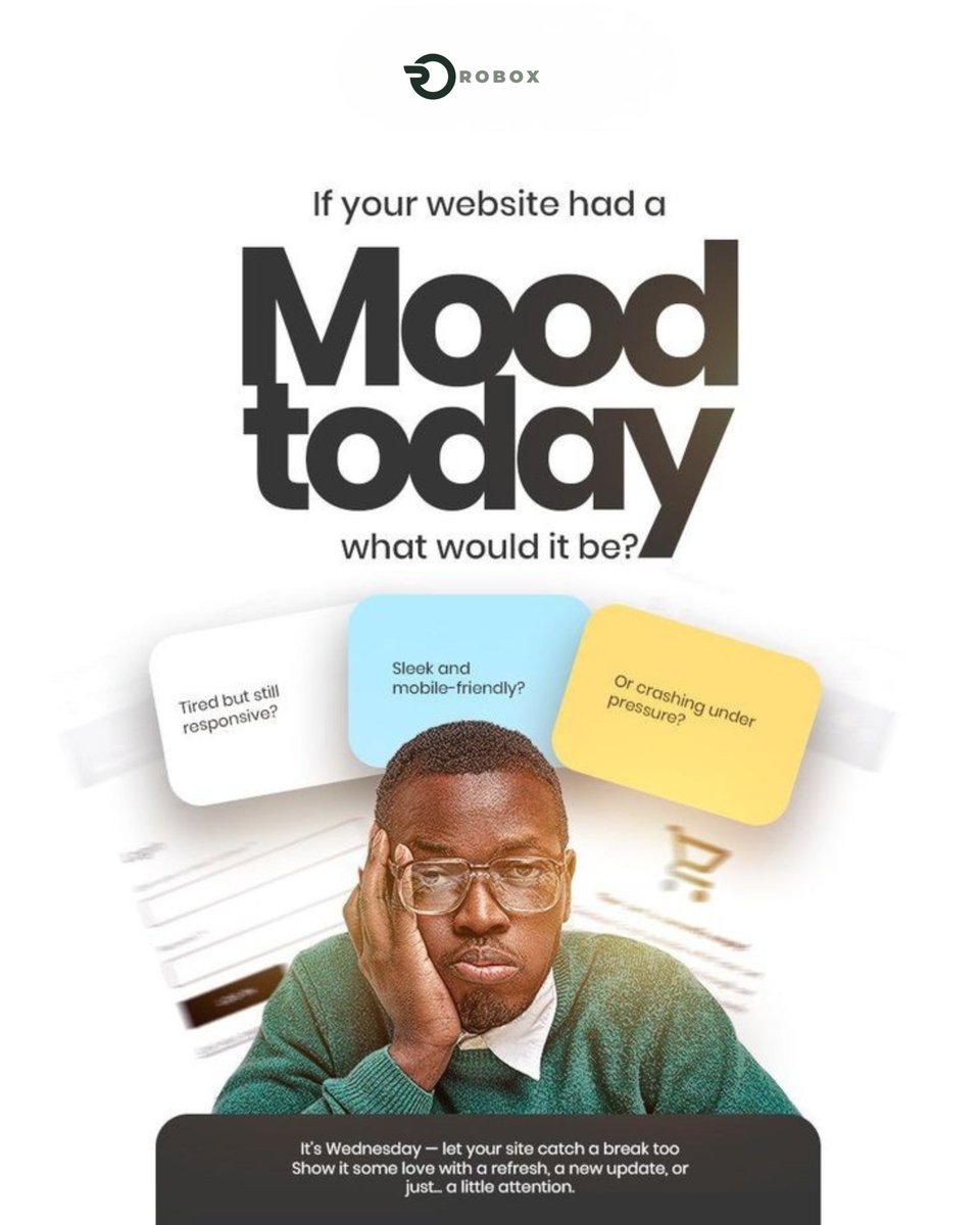 Robox_Tech's tweet photo. If your website had a mood today, what would it be? 🤔

Fast and smooth… or stressed and crashing?
Midweek check-in: a quick refresh can change everything.
#WebDesign #WebsitePerformance #DigitalGrowth #Robox #NGAMAR https://t.co/CzRrmMun0a