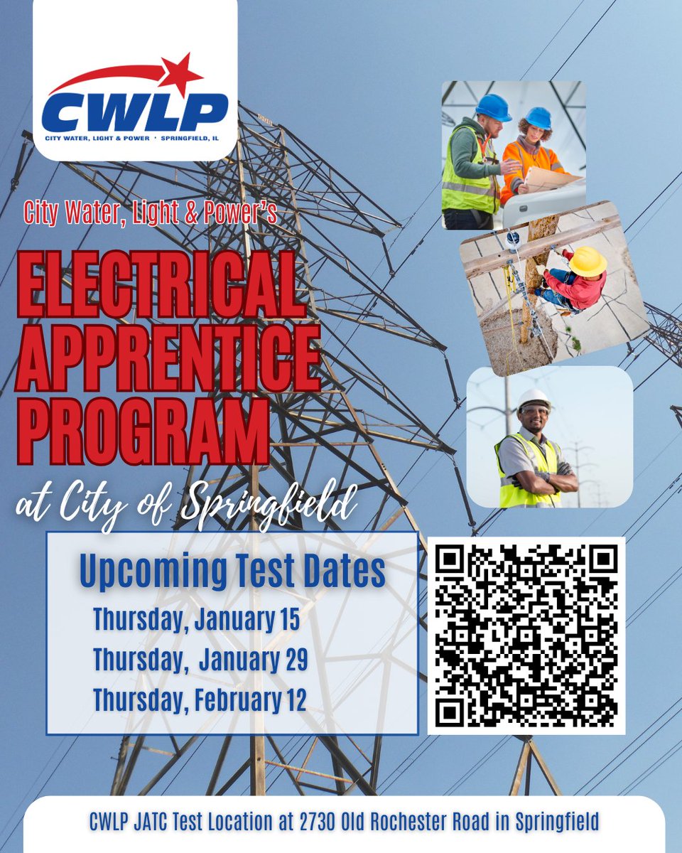 CWLP_'s tweet photo. Jumpstart a career at CWLP! Spots are still open for the City’s Electrical Apprenticeship program! Upcoming test dates: Jan 15, Jan 29 &amp; Feb 12. Passing scores stay valid for 2 years. Sign up: Jobs@CWLP.com | 217-789-2070 ext. 2080
#Careers #ElectricalApprentice #CWLP #IBEW193 https://t.co/I5jMy5eOKw