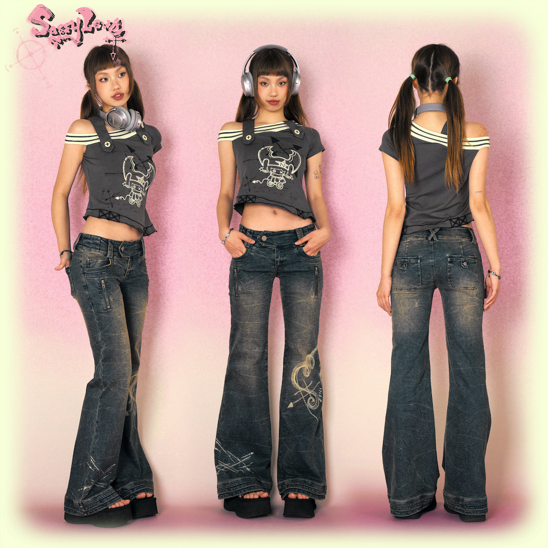 Products's tweet photo. Rock the Y2K vibe with Sassy Love Arrow flared jeans - bold, stretchy, and retro cool!
