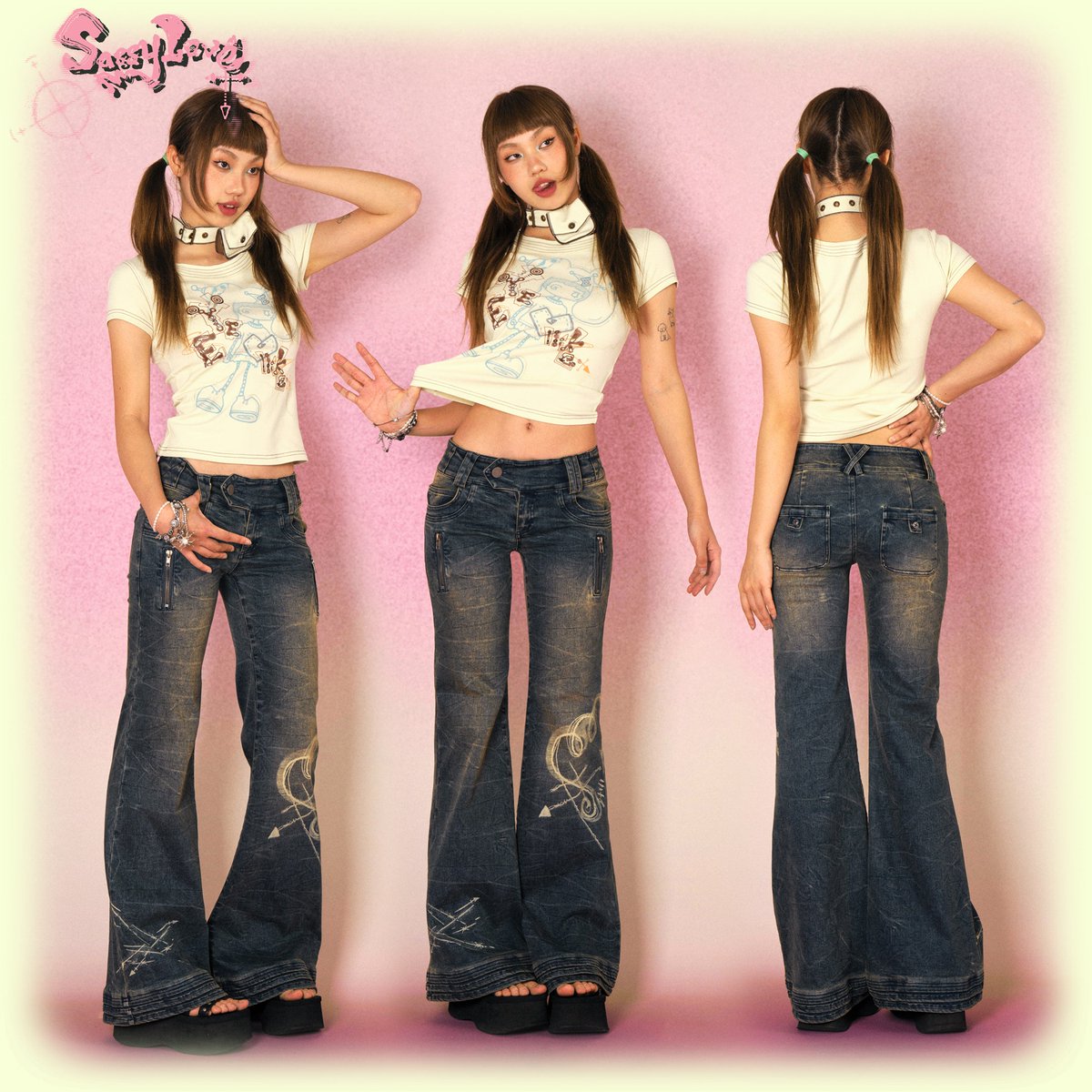Products's tweet photo. Rock the Y2K vibe with Sassy Love Arrow flared jeans - bold, stretchy, and retro cool!