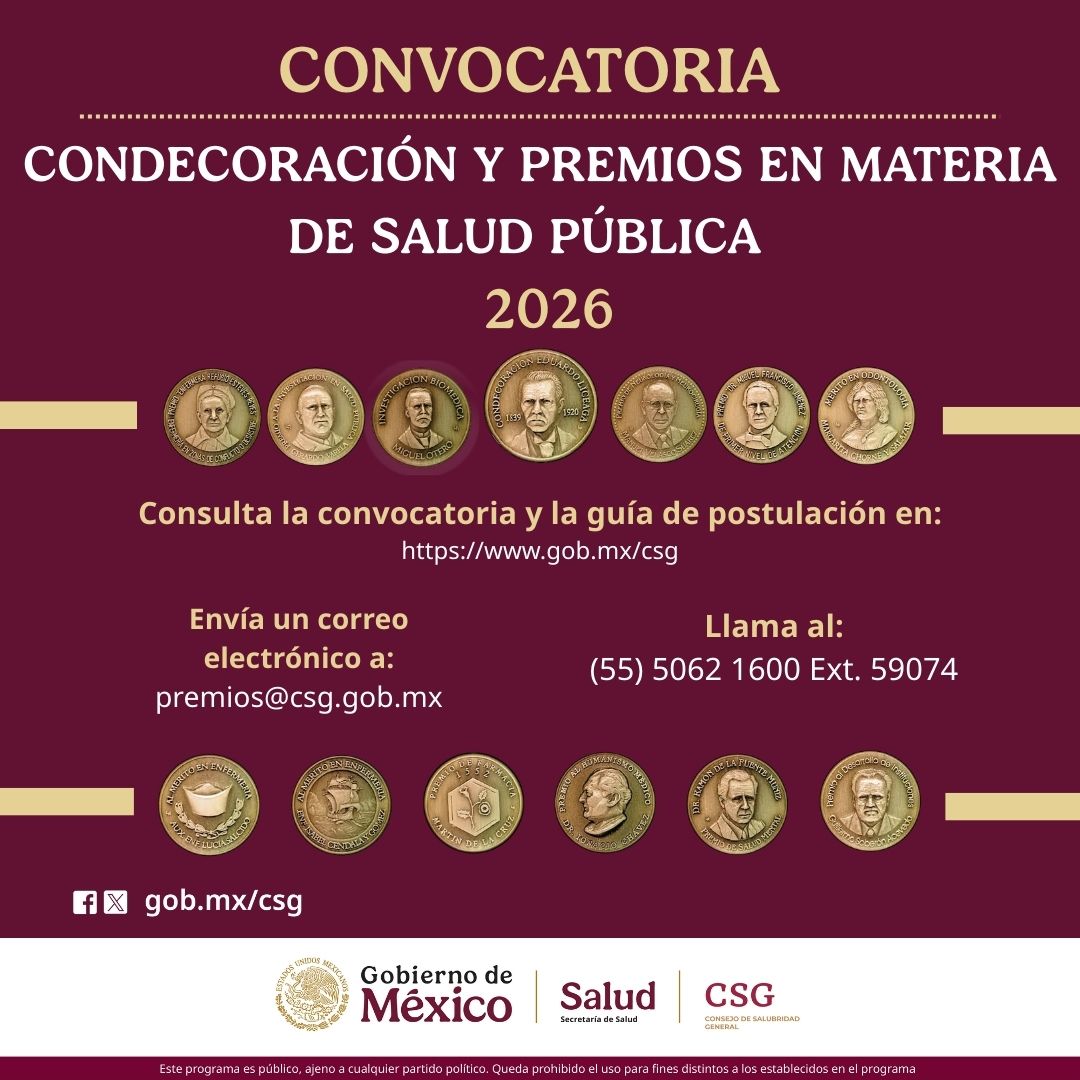 🇲🇽🩺El Consejo de Salubridad General invita a instituciones y agrupaciones profesionales a postular candidatos para los Premios en Materia de Salud Pública 2026.

📅 Fecha límite: 6 de febrero de 2026 

👉 Más información: bit.ly/49kBnHa
