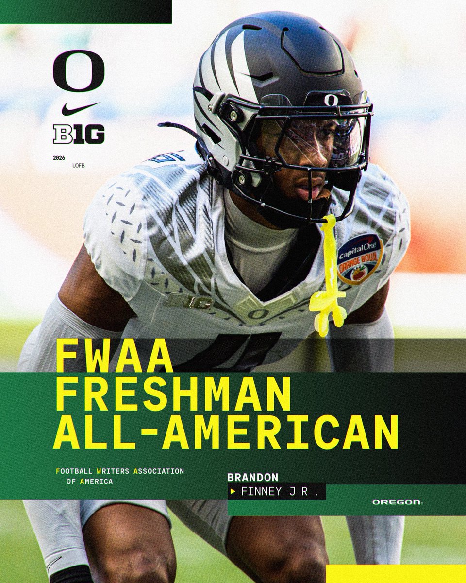 oregonfootball's tweet photo. Instant impact 🦆 

Brandon Finney Jr. is a FWAA Freshman all-American!

#GoDucks x @brandonfinneyjr https://t.co/PGsYgUUt2H