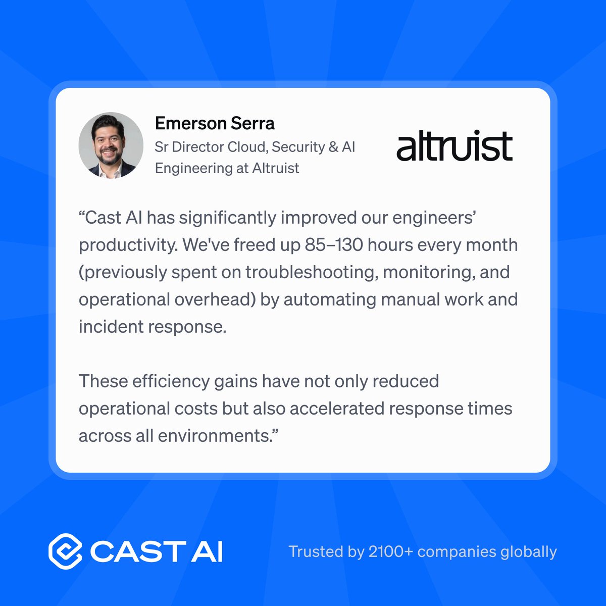 cast_ai's tweet photo. Altruist cut cloud costs by 45% and freed 100+ engineering hours/month with Cast AI.

📉 45%+ savings
⏱️ 85–130 hrs freed monthly
💰 $13–$26 return per $1 spent

Full story: https://t.co/lOo9JqGzPu https://t.co/Mx3PoSjgCP
